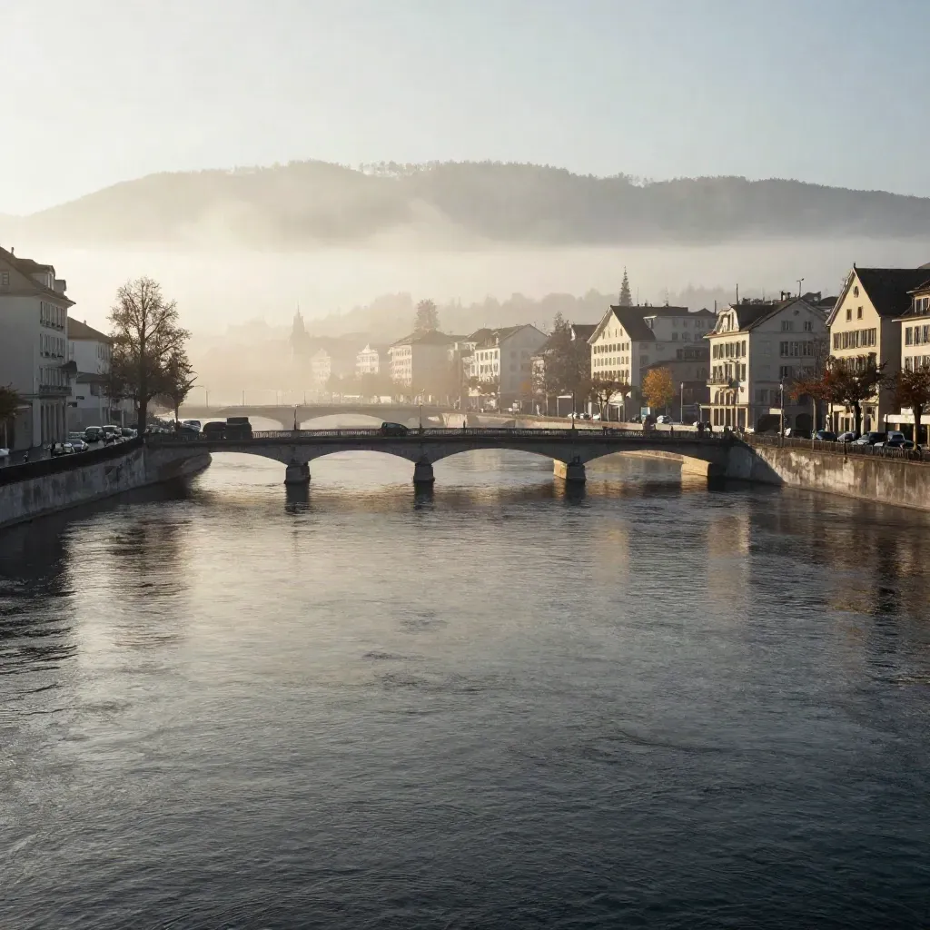 Zürich mit Limmatbogen, Brücken und Morgennebel unter der Uetliberg-Linie