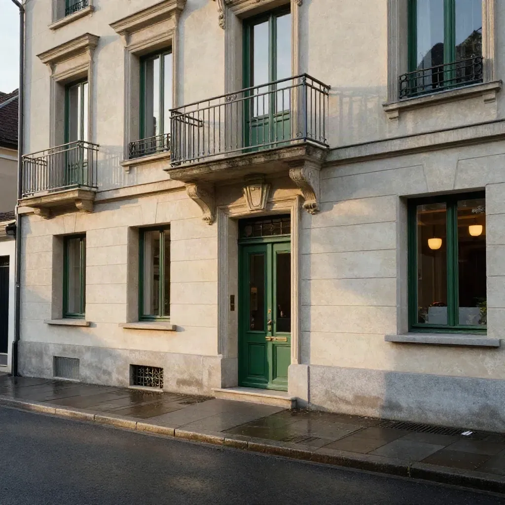 Mehrfamilienhaus in Bern mit frisch sanierter Fassade und sauberem Vorplatz im Sonnenlicht