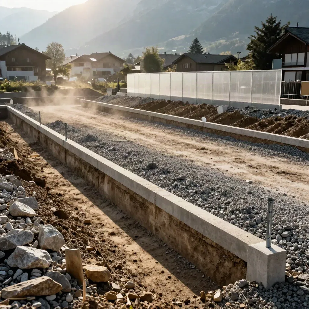 Entwicklungsgrundstück mit sauberem Aushub, Steinrand und Neubau-Massspur.