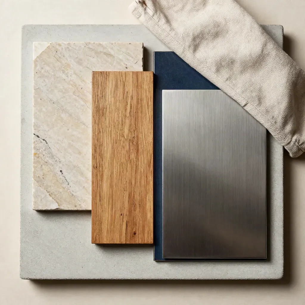 Drei Materialproben auf Betontray mit Leinentuch, von oben, neutral und präzise.