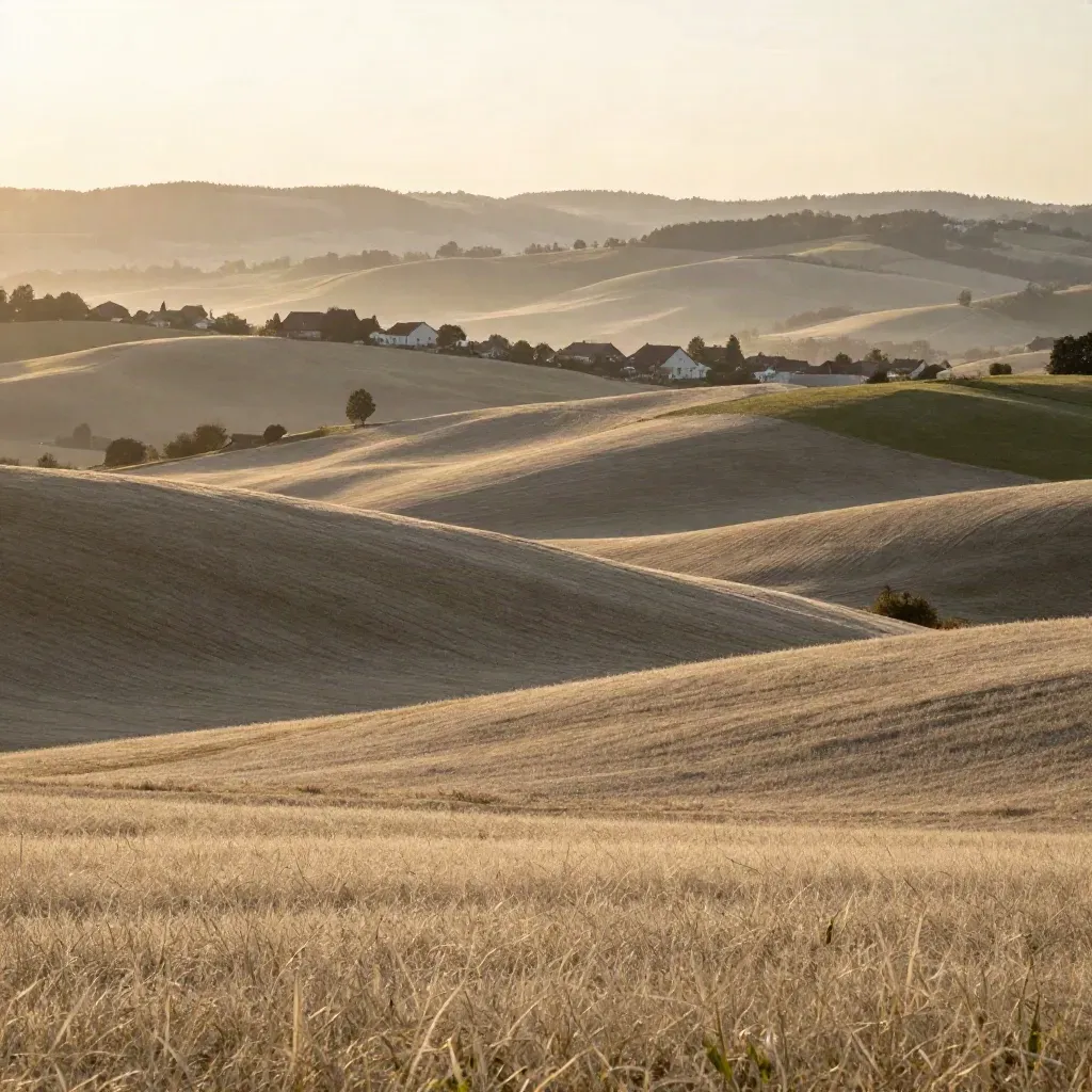 Weite Ostschweiz mit sanften Hügeln, weiter Himmel und kleinen Siedlungen im warmen Abendlicht.
