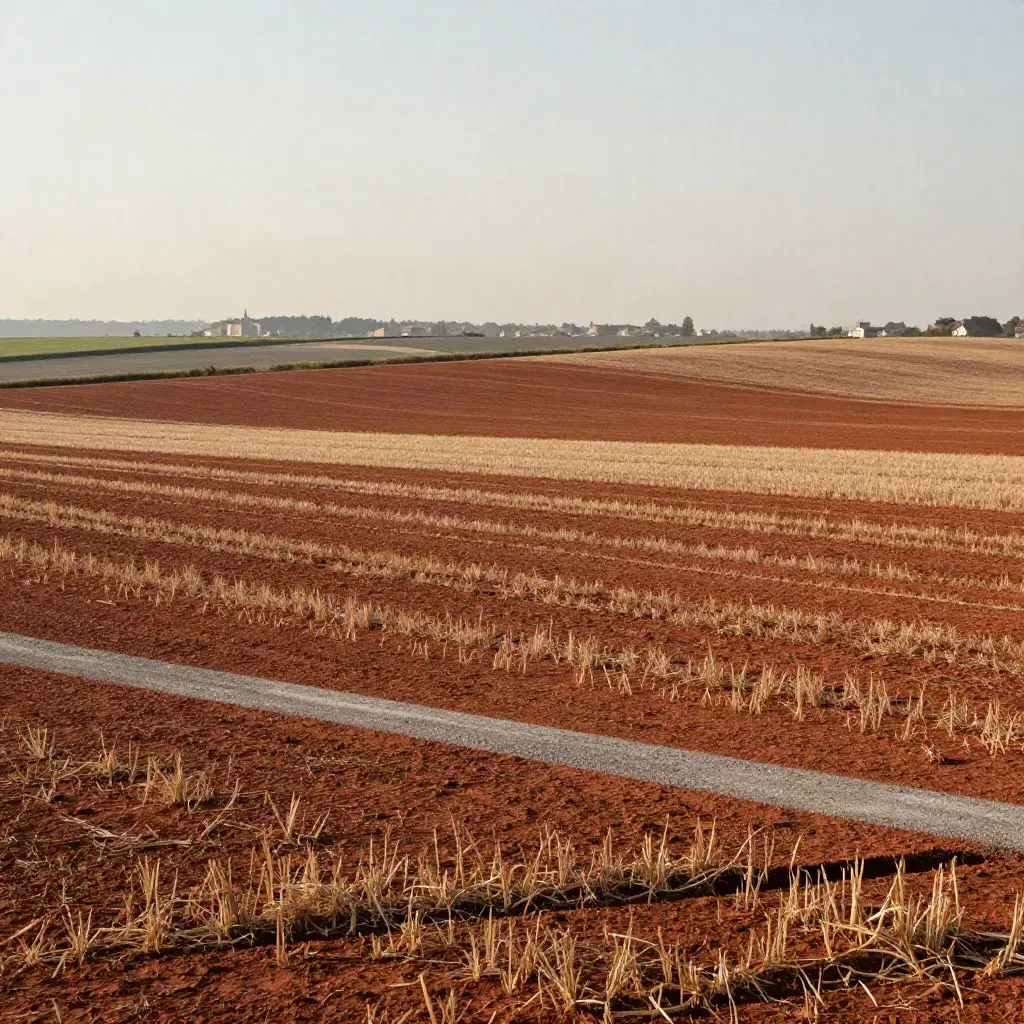 Weite Mittelland-Landschaft mit Feldern, milchigem Dunst und kleiner Stadtkante am oberen Rand.